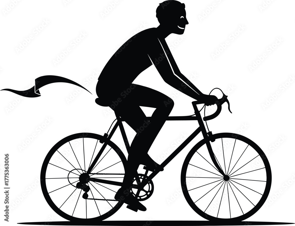 Obraz premium Black silhouette of a cyclist with a flag on a white background, cyclist, bicyclist, bicycle, bike, cycling, sport, recreation, active, healthy, fitness, movement, speed, race, competition, rider, per