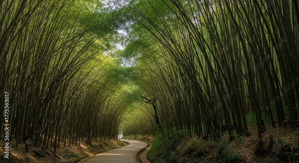 Naklejka premium Serene bamboo forest pathway with lush green canopy in arashiyama, kyoto