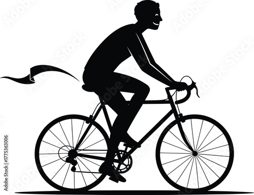 Black silhouette of a cyclist with a flag on a white background, cyclist, bicyclist, bicycle, bike, cycling, sport, recreation, active, healthy, fitness, movement, speed, race, competition, rider, per