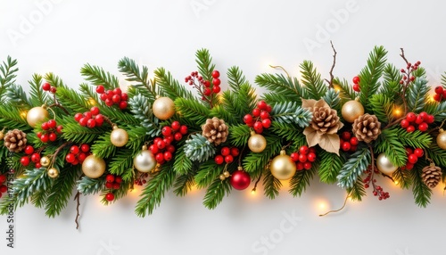 Evergreen festive garland with golden ornaments red berries pinecones and glowing lights on white