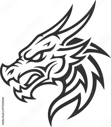 A vector illustration features a tribal dragon tattoo design