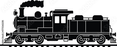 Black silhouette of a steam locomotive with smoke steam engine, steam engine, locomotive, train, railway, transportation, vintage, classic, engine, silhouette, black and white, industrial, historical,