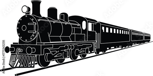 Black silhouette of a steam locomotive and train cars on tracks, train, steam engine, locomotive, railway, transportation, travel, vintage, old, classic, engine, carriage, wagon, railcar, railroad, tr