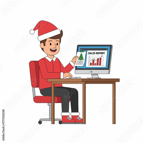 Vector cartoon man in santa hat analyzing sales data report