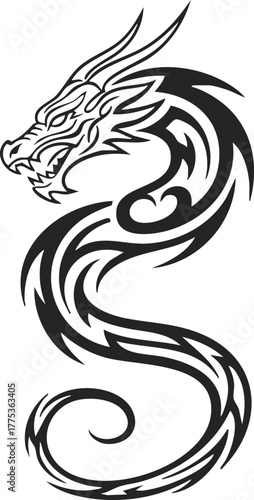 A vector illustration features a tribal dragon tattoo design