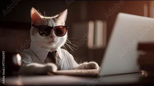 cat wearing sunglasses working on a laptop in a business suit