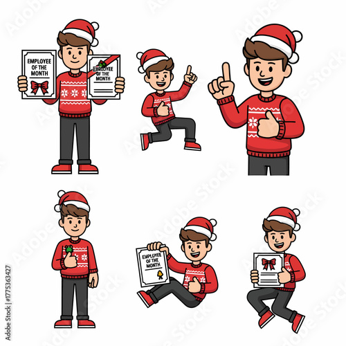Cute cartoon character celebrating christmas with employer of the month award