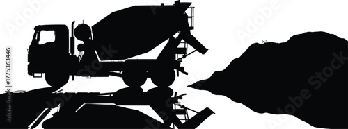 Powerful silhouette of a concrete mixer truck reflected on a wet surface, embodying the concept of industrial strength and construction progress, concrete, mixer, truck, silhouette, construction, refl