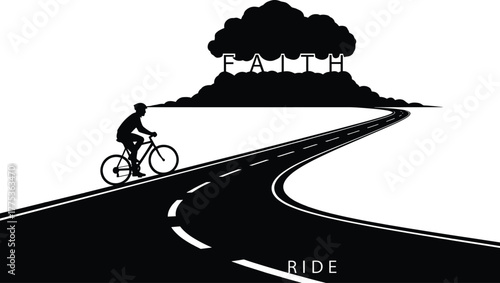 Riding the road of life with faith as the ultimate destination. A conceptual black and white illustration of a cyclist's spiritual journey, faith, journey, road, bicycle, cyclist, symbolic, trust, min
