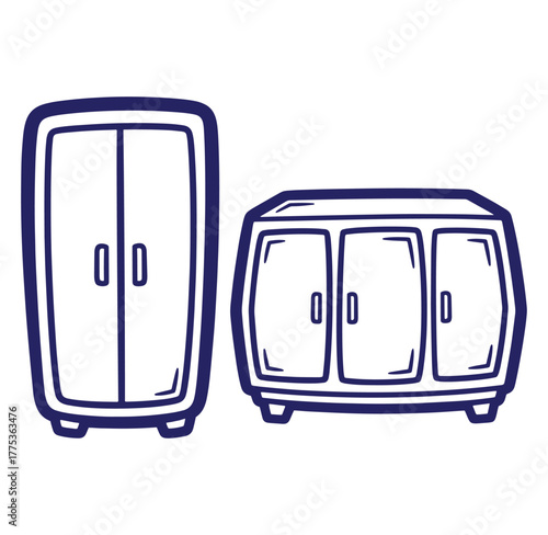 Vector illustration of a wardrobe and a cabinet with a hand drawn style in dark blue