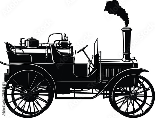 Early automobile with steam engine and smoke vehicle, early, automobile, car, vehicle, vintage, retro, transportation, history, old, classic, engine, steam, smoke, plume, chimney, wheel, spoke, steeri
