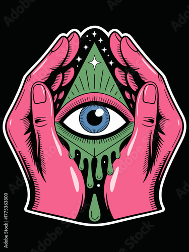 A stylized digital illustration of hands in hot pink
holding an all-seeing eye symbol against a black background