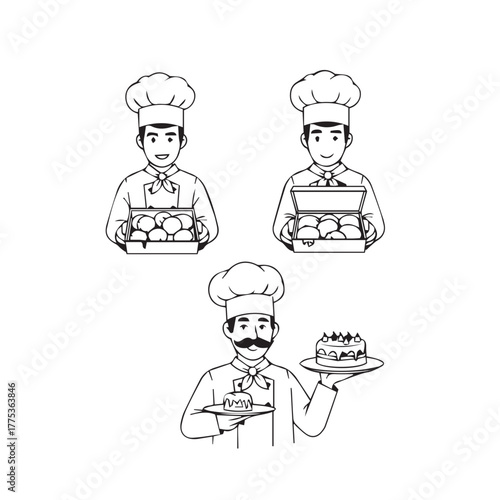 Bakery Chef's Culinary Delights: Three sketches of a skilled pastry chef showcasing delectable baked goods, each scene exudes the artistry and joy of baking.