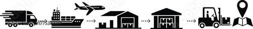 Logistics and shipping process icons logistics, shipping, transportation, delivery, forklift, design, goods, logistics, export, location, warehouse, airplane, import, global, network, artwork, movemen