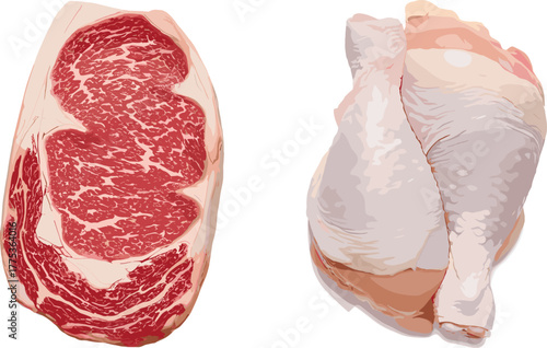 raw beef and chicken, ribeye steak cut, drumstick thigh piece, meat texture detail, cad drawing flat vector illustration