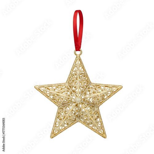 Sparkling Golden Filigree Star Christmas Ornament with Red Ribbon.