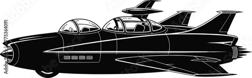 Retro futuristic spaceship with two cockpits and jet engines, spaceship, retro, futuristic, aircraft, vehicle, science fiction, travel, exploration, fantasy, jet, engine, cockpit, pilot, passenger, tw