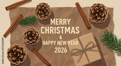A festive vector illustration for the 2026 holiday season, showcasing a flat lay of pine cones, cinnamon, and a gift on crumpled paper