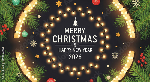Festive Christmas and New Year greeting with decorative lights and ornaments.