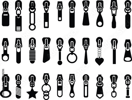 Zipper Icon Set, Fastener, Slider, and Zip Symbol Collection and Group, Clothing, Bag, and Textile Accessory Vector Fashion Tool, Sewing, Tailoring, Lock, and Stitch Design in Black Flat Style