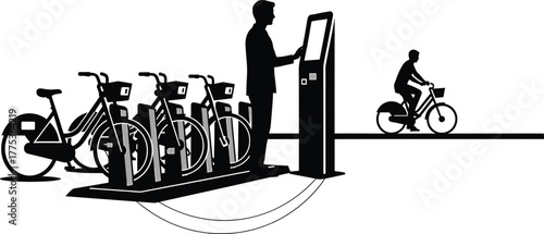 Silhouette of a bike-sharing station with people bike sharing, bicycle rental, urban, with, design, app, lifestyle, public, transport, rental, sustainable, cycling, station, bike-sharing, urban, inter