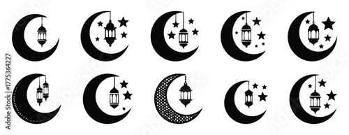 Ramadan Kareem Islamic Crescent moon with  hanging arabic lantern elements black clipart silhouette vector illustration