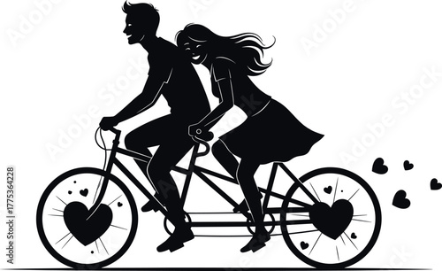 Silhouette of a couple riding a tandem bicycle with hearts, couple, silhouette, tandem bicycle, bike, cycling, romance, love, hearts, happy, together, relationship, recreation, sport, activity, outdoo