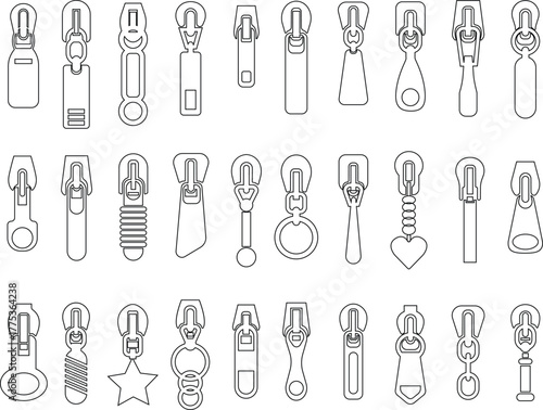Zipper Icon Set, Fastener, Slider, and Zip Symbol Collection and Group, Clothing, Bag, and Textile Accessory Vector Fashion Tool, Sewing, Tailoring, Lock, and Stitch Design in Black Line Style