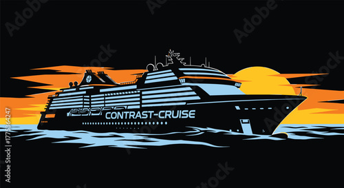 Silhouette of a cruise ship at sunset with orange and yellow sky, cruise ship, ship, boat, vessel, ocean liner, sea, water, waves, sunset, sunrise, twilight, dusk, dawn, sky, clouds, orange, yellow, b
