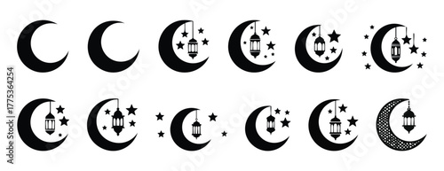 Ramadan Kareem Islamic Crescent moon with  hanging arabic lantern elements black clipart silhouette vector illustration