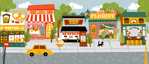 Street with cute storefronts and shop — bakery, flower shop, Asian restaurant, art workshop, and coffee house. Cozy small-town vibe, urban lifestyle, local business illustration in flat cartoon style.
