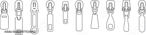 Zipper Icon Set, Fastener, Slider, and Zip Symbol Collection and Group, Clothing, Bag, and Textile Accessory Vector Fashion Tool, Sewing, Tailoring, Lock, and Stitch Design in Black Line Style