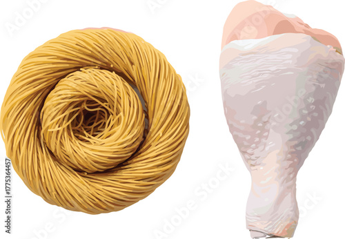 Raw chicken drumstick and uncooked pasta nest side by side, food ingredients, cad drawing flat vector illustration, realistic style