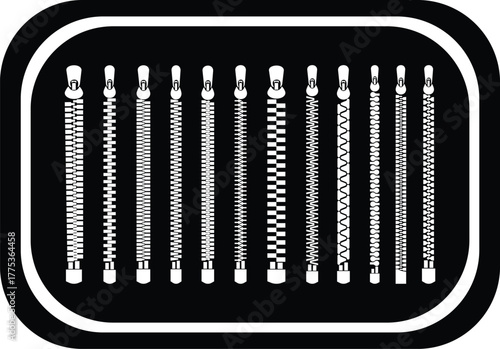 Zipper Icon Set, Fastener, Slider, and Zip Symbol Collection and Group, Clothing, Bag, and Textile Accessory Vector Fashion Tool, Sewing, Tailoring, Lock, and Stitch Design in Black Flat Style