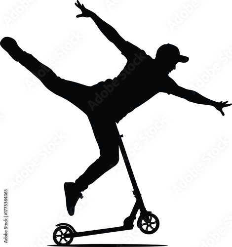 Silhouette of a person performing a trick on a scooter scooter, kick scooter, person, jumping, design, sports/, lifestyle, scooter, kick, handlebars, performer, performing, energy, shoes, athletic, ca