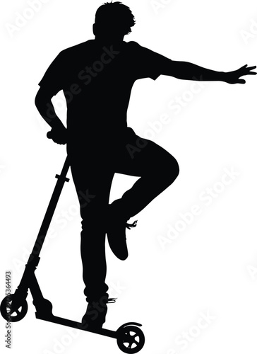 Silhouette of a person standing on a scooter scooter, kick scooter, person, man, with, design, lifestyle, scooter, kick, handlebars, shoes, man, leisure, isolated, black, casual, t-shirt, jeans, illus