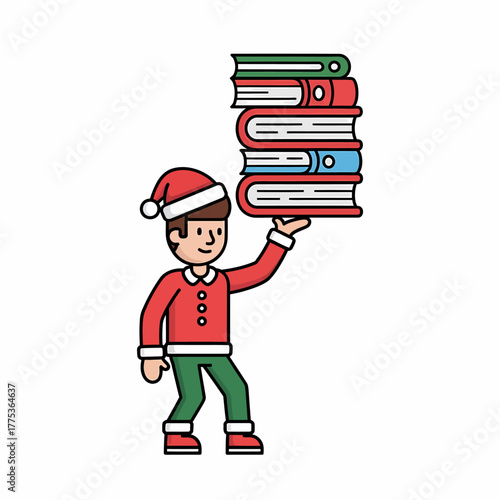 Flat vector man in Santa hat holding books stack cheerfully