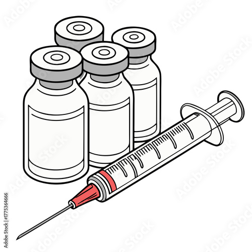  Insulin vials syringe. Medical syringe and vaccine vials in simple outline style  