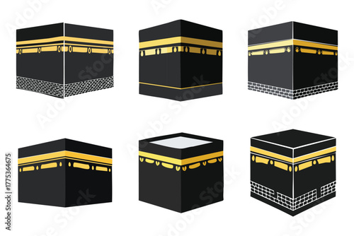 Sacred Structure Illustrations: Various perspectives of the Kaaba, Mecca the most sacred site in Islam, showcasing the intricate details of its architecture and religious significance.