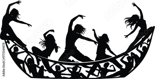 Silhouette of dancers in dynamic poses within a curved frame, dancers, dancing, silhouette, people, figures, movement, motion, art, performance, ballet, contemporary dance, modern dance, group, ensemb