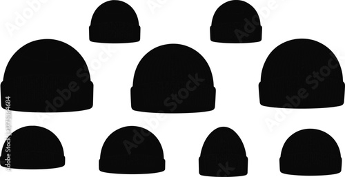 Black knit beanie, winter hat collection, wool texture, fashion headwear, cozy cap, cold weather accessory, stylish silhouette, vector illustration set