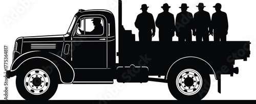 Silhouette of men in hats riding in a flatbed truck, truck, flatbed, men, silhouette, driver, passengers, hats, vintage, retro, transportation, cargo, people, group, journey, travel, old, vehicle, cla