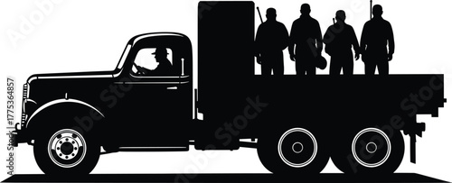 Silhouette of men with rifles in a flatbed truck vector, truck, flatbed, men, silhouette, driver, passengers, rifles, guns, vintage, retro, transportation, cargo, people, group, journey, travel, old, 