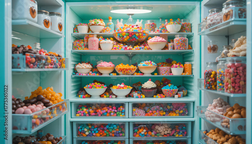 Colorful, delicious sweets and fresh fruit display in a market shop window