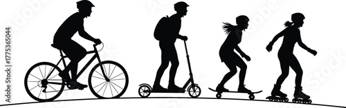 Silhouettes of people engaged in various outdoor sports people, silhouette, sports, health, design, summer, concept, lifestyle, group, bike, cycling, urban, roller, sport, recreational, fun, leisure, 