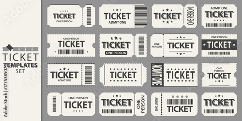 Ticket template set. Admit one, event pass, design. Collection of cinema, concert and festival tickets in various styles