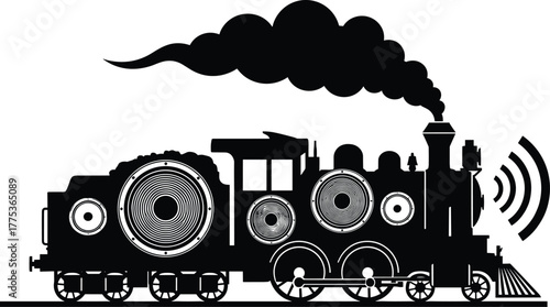 Steam train with large speakers as wheels steam train, locomotive, train, speakers, with, classic, transport, steam, retro, whistle, travel, old-fashioned, movement, noise, black, journey, musical, la