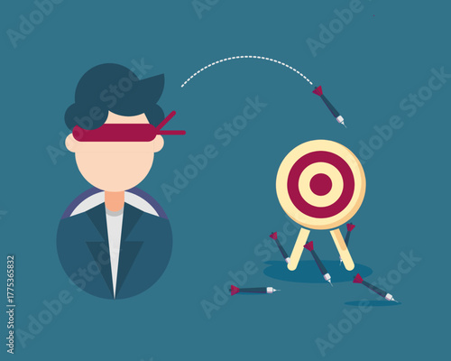 Illustration of a blindfolded person missing a target with darts, symbolizing poor strategy, lack of vision, or misguided goals in business and decision-making.