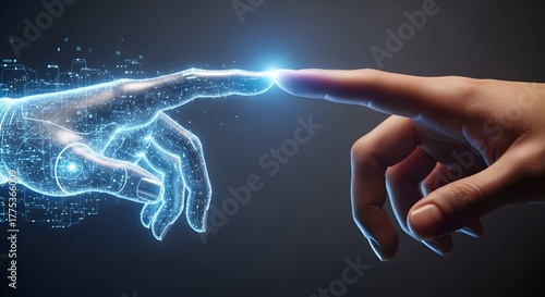 A futuristic cinematic concept of a human hand touching the fingertip of a holographic AI hand made of glowing blue light and digital particles