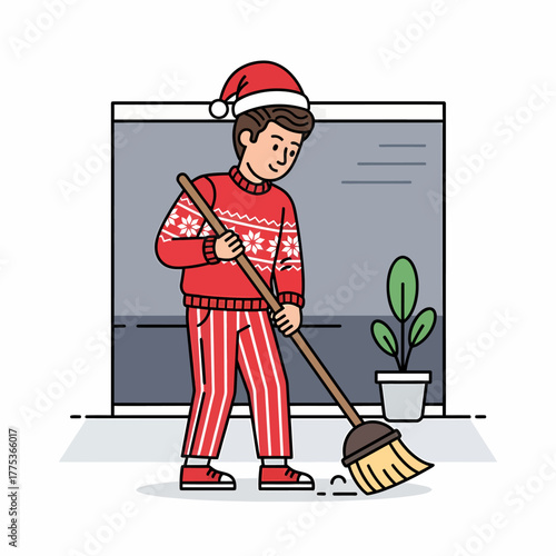 Flat vector man sweeping wearing santa hat christmas preparation cleaning